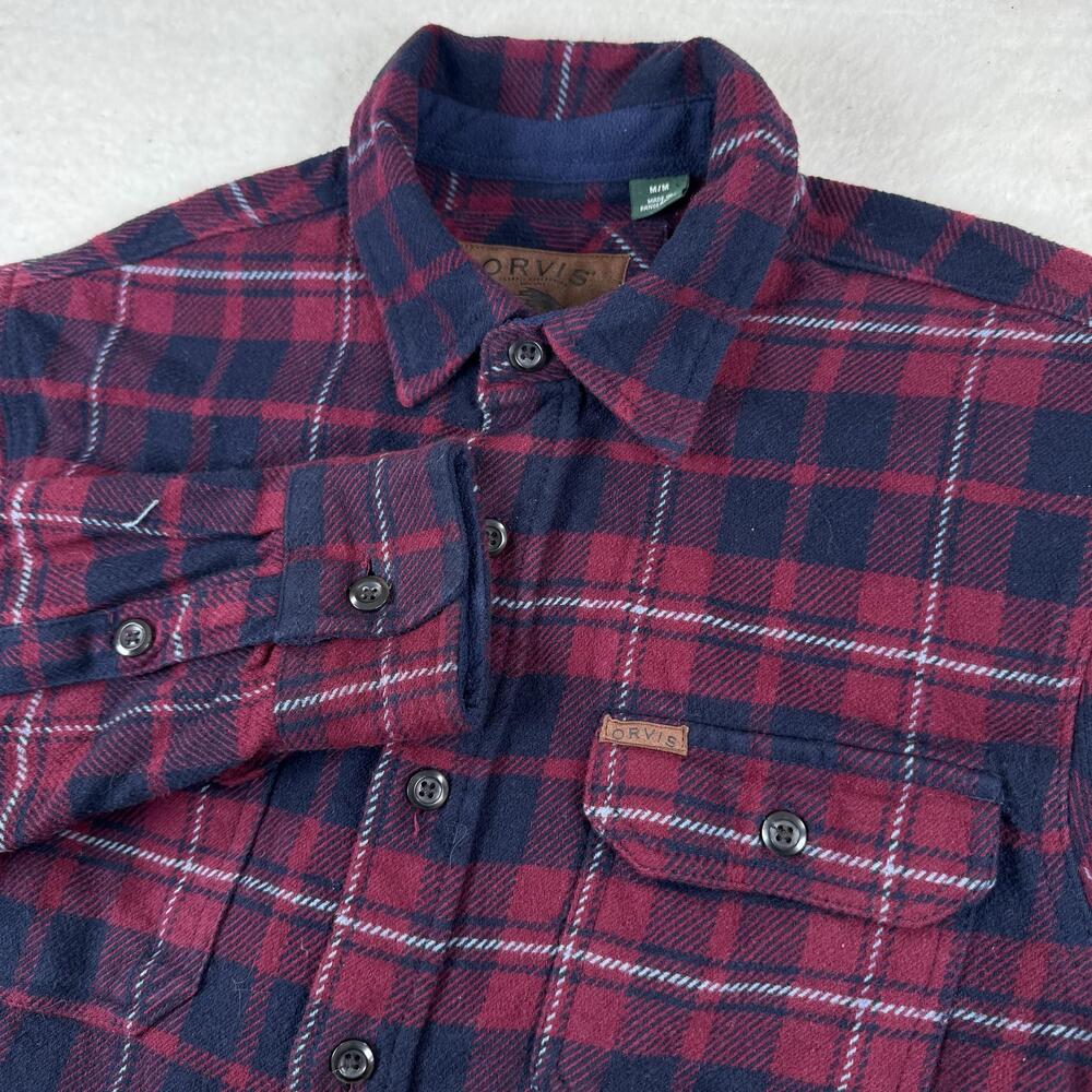 Orvis Shirt Mens Size M Red Plaid Flannel Lined Long Sleeve Button Up Casual